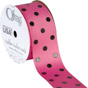Offray 978375 1.5" Wide Dippy Dots Craft Ribbon, 3 Yards, Hot Pink and Black Polka Dot Pattern, Hot Pink & Black