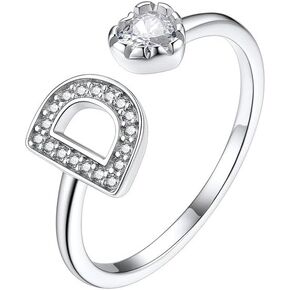 Suplight 925 Sterling Silver Heart Initial Rings for Women Teen Girls Capital Letter Initial Stackable Rings for Women Girls Alphabet Letter Adjustable Heart Rings Rings Jewelry Gifts for Women