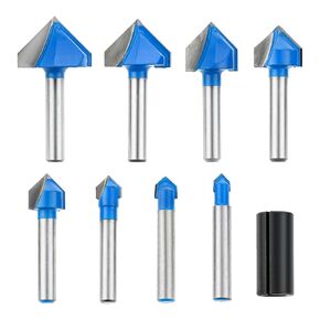 Yetaha 8Pcs 1/4 Inch Shank 90 Degree V Groove Router Bit, Carbide Tipped Double Flute Engraving Bit, Woodworking Chamfer Bevel Cutter Tool, Cut Dia 1/4", 5/16", 3/8", 1/2", 5/8", 3/4", 7/8", 1"