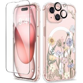 GVIEWIN Designed for iPhone 15 Case 6.1", Compatible with MagSafe, [Screen Protector + Camera Protector] [MIL-Grade Protection] Magnetic Floral Clear Shockproof Women Cover (Floratopia/Colorful)