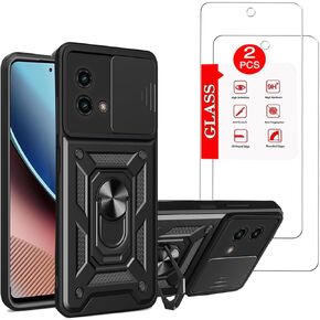for Moto G Stylus 4G (2023) Case with [2 Pack] Tempered Glass Screen Protector, Moto G Stylus 4G 2023 Heavy Duty Protective Armor，Lens Protects Magnetic Kickstand Holder Phone Case (Black)