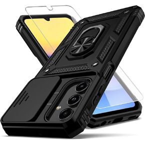 for Samsung Galay A15 5G Case,with Camera Lens Cover HD Screen Protector,[Military Grade] Ring Car Mount Kickstand Hybrid Hard PC Soft TPU Shockproof Protective Case for Galaxy A15 5G, Black