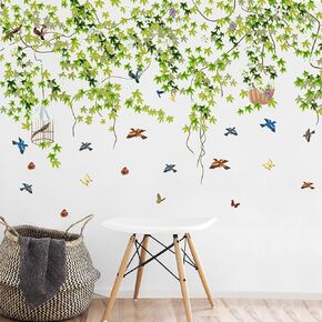 Hanging Green Leaves Wall Decals Elegant Plants Wall Stickers DIY Vinyl Peel and Stick Butterfly and Leaf Wall Art Murals for Kids Girls Bedroom Living Room Offices Nursery Closet Ceiling Vertex Line (B)