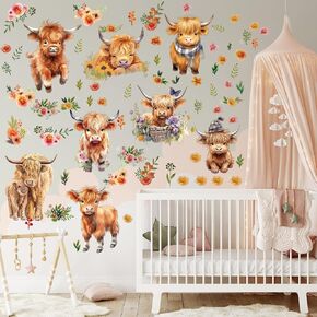 Yinder 12 Sheet 78 Pcs Bear Highland Cow Wall Decals Baby Wall Decals Cute Bear Highland Cow Wall Sticker Nursery Baby Wall Decor for Kids Girls Boys Baby Room Bedroom(Highland Cow)