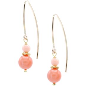 Dainty Small 14k Gold-Filled Marquise Hook Drop Earrings Made with Smooth Round 4mm and 6mm Coral Beads for Men, Women, and Teens