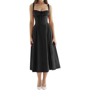 Women Y2k Square Neck Long Dress Low Cut Sleeveless Midi Dress Bustier Lace Trim Spaghetti Strap Going Out Swing Sundress