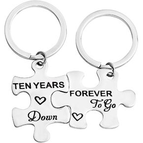 FEELMEM 10th Anniversary Present Ten Years Down Forever To Go Couples Puzzle Keychain Set 10 Years Anniversary Key Chain