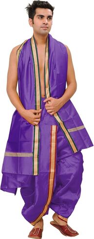 طقم Dhoti وAngavastram جاهز للارتداء بحدود ذهبية منسوجة - حرير فني in Kuwait