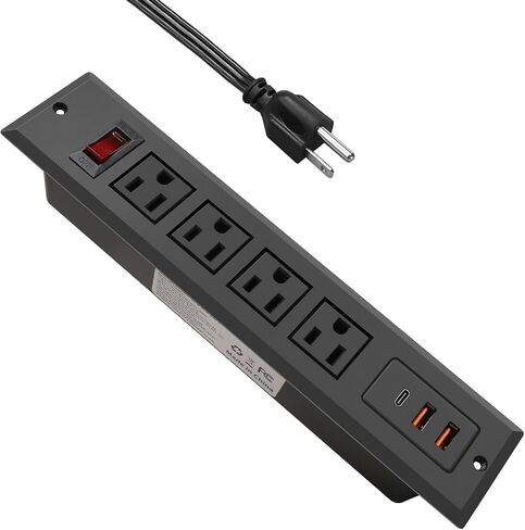 Recessed Power Strip with Type C 20W PD Fast Charge Desk Power Outlet 4 Outlets 2 USB and 1 USB C Built in Furniture Extension Power Plug for Dorm Office (Black) in Saudi Arabia