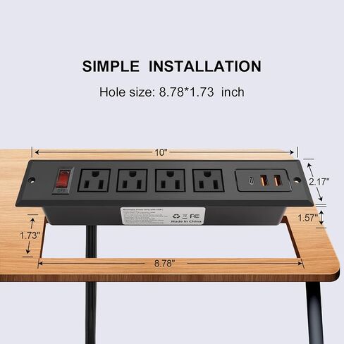 Recessed Power Strip with Type C 20W PD Fast Charge Desk Power Outlet 4 Outlets 2 USB and 1 USB C Built in Furniture Extension Power Plug for Dorm Office (Black) in Saudi Arabia