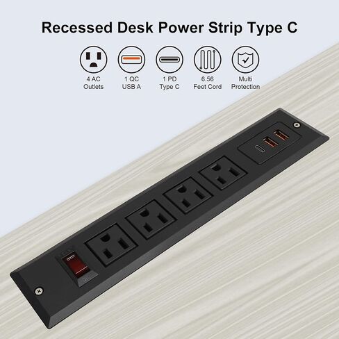 Recessed Power Strip with Type C 20W PD Fast Charge Desk Power Outlet 4 Outlets 2 USB and 1 USB C Built in Furniture Extension Power Plug for Dorm Office (Black) in Saudi Arabia