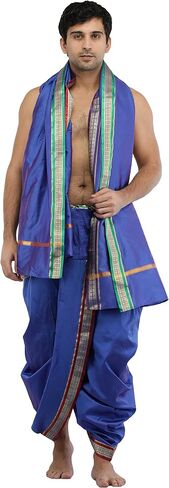 طقم Dhoti وAngavastram جاهز للارتداء بحدود ذهبية منسوجة - حرير فني in Kuwait