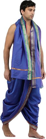 طقم Dhoti وAngavastram جاهز للارتداء بحدود ذهبية منسوجة - حرير فني in Kuwait