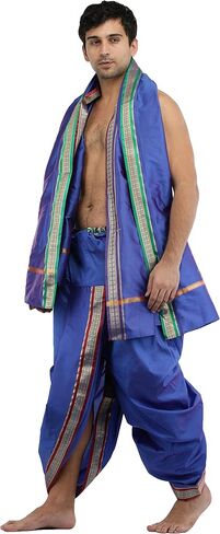 طقم Dhoti وAngavastram جاهز للارتداء بحدود ذهبية منسوجة - حرير فني in Kuwait