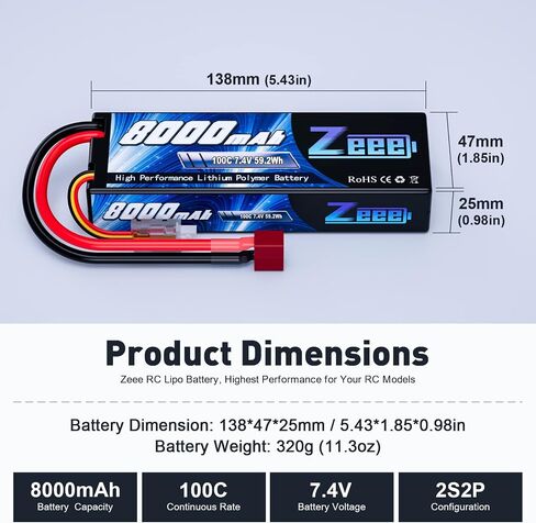 بطارية ليبو Zeee 2S 8000 مللي أمبير في الساعة 7.4 فولت 100C حافظة صلبة RC مع قابس Deans T لنماذج سيارات RC 1/8 و1/10 RC شاحنة RC مركبات RC Truggy RC قارب هليكوبتر in Saudi Arabia