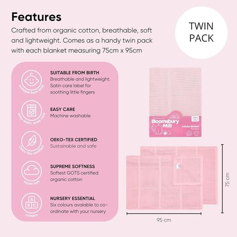 2-Pack 100% Organic Cotton Cellular Baby Blankets with Gifting Ribbon – Soft, All Natural & Breathable – Ideal Shower Gift - Nursery/Stroller/Bassinet/Crib – Blue in Saudi Arabia