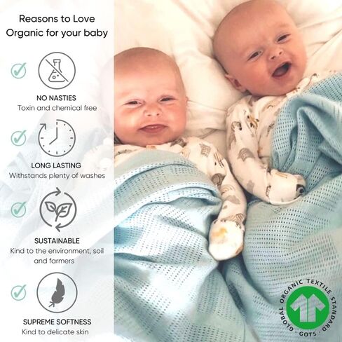 2-Pack 100% Organic Cotton Cellular Baby Blankets with Gifting Ribbon – Soft, All Natural & Breathable – Ideal Shower Gift - Nursery/Stroller/Bassinet/Crib – Blue in Saudi Arabia
