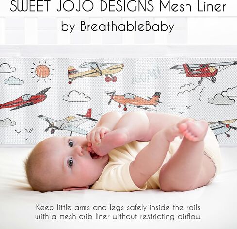 Sweet Jojo Designs + BreathableBaby Vintage Airplane Boy Breathable Mesh Crib Liner Baby and Infant Yellow Orange Red White Blue Airplanes Air Plane Transportation Clouds Sun Sky Aviator in Saudi Arabia