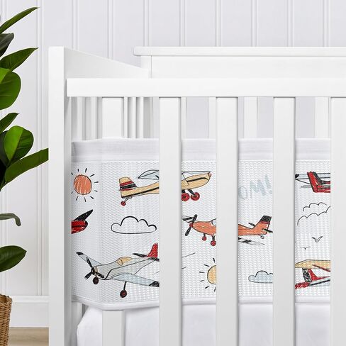 Sweet Jojo Designs + BreathableBaby Vintage Airplane Boy Breathable Mesh Crib Liner Baby and Infant Yellow Orange Red White Blue Airplanes Air Plane Transportation Clouds Sun Sky Aviator in Saudi Arabia
