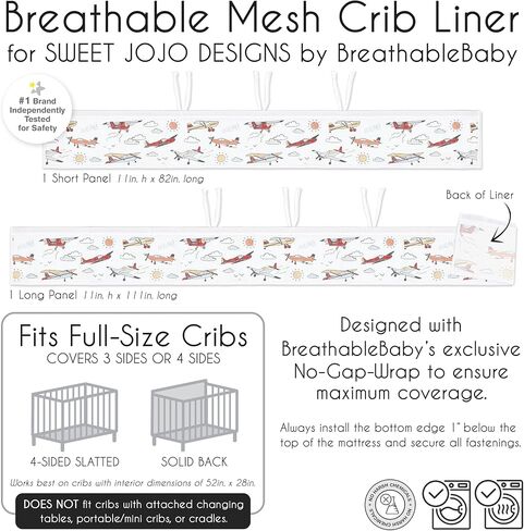 Sweet Jojo Designs + BreathableBaby Vintage Airplane Boy Breathable Mesh Crib Liner Baby and Infant Yellow Orange Red White Blue Airplanes Air Plane Transportation Clouds Sun Sky Aviator in Saudi Arabia
