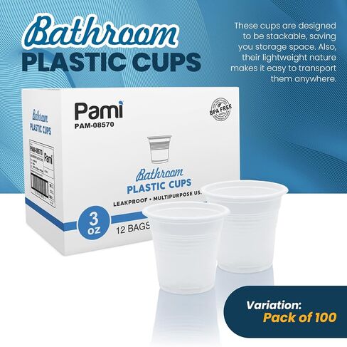 PAMI Plastic Bathroom Cups, 3oz [Pack of 100]- Disposable Mini Mouthwash Cups- Food-Safe & BPA-Free Rinse Cups- Multipurpose & Leakproof Stackable Bath Cups- Great for Medicine, Espresso, Shots in Saudi Arabia