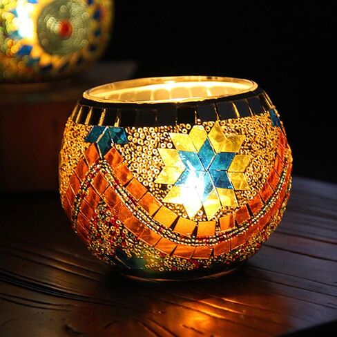 Mosaic Glass Tea Light Holders Romantic Stained Votive Candle Holder, MIATTCLD Round Handmade Tealight Candle Holder for Table Centerpieces, Christmas, Valentine, Birthday Party, Home Decor (G) in Kuwait