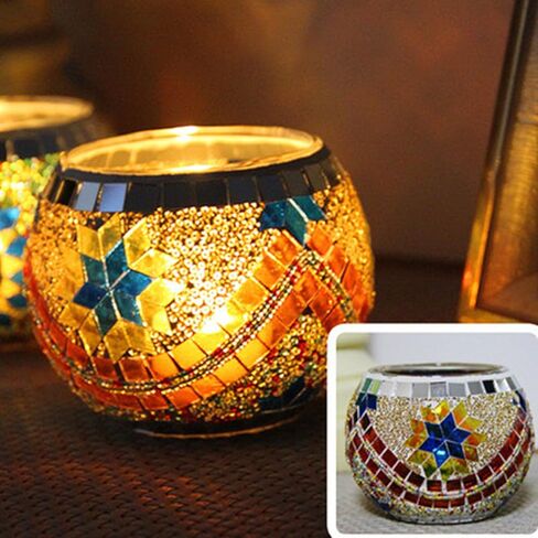 Mosaic Glass Tea Light Holders Romantic Stained Votive Candle Holder, MIATTCLD Round Handmade Tealight Candle Holder for Table Centerpieces, Christmas, Valentine, Birthday Party, Home Decor (G) in Kuwait