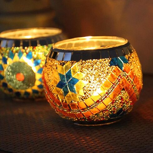 Mosaic Glass Tea Light Holders Romantic Stained Votive Candle Holder, MIATTCLD Round Handmade Tealight Candle Holder for Table Centerpieces, Christmas, Valentine, Birthday Party, Home Decor (G) in Kuwait