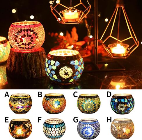 Mosaic Glass Tea Light Holders Romantic Stained Votive Candle Holder, MIATTCLD Round Handmade Tealight Candle Holder for Table Centerpieces, Christmas, Valentine, Birthday Party, Home Decor (G) in Kuwait