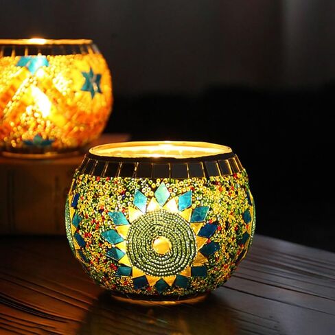 Mosaic Glass Tea Light Holders Romantic Stained Votive Candle Holder, MIATTCLD Round Handmade Tealight Candle Holder for Table Centerpieces, Christmas, Valentine, Birthday Party, Home Decor (G) in Saudi Arabia