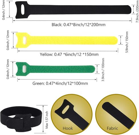 Reusable Cable Ties, Adhesive Cable Straps Wrap Cable Ties 20pcs 8'' Length Black 20pcs 6'' Yellow 20pcs 4'' Green in Saudi Arabia