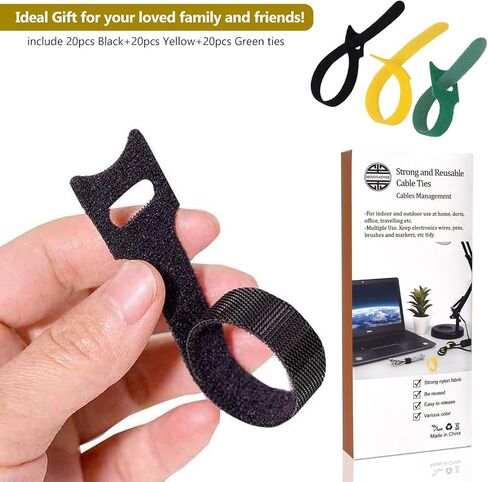 Reusable Cable Ties, Adhesive Cable Straps Wrap Cable Ties 20pcs 8'' Length Black 20pcs 6'' Yellow 20pcs 4'' Green in Saudi Arabia