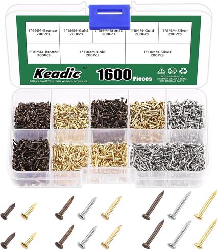 Keadic 1600Pcs Small Tiny Nails Assortment Set with Storage Case, 1x6mm, 1x8mm 1x10mm Mini Finish Nails for Wooden DIY Decorative Pictures Boxes (Gold/Silver/Bronze) in Saudi Arabia