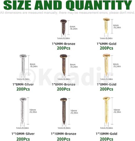 Keadic 1600Pcs Small Tiny Nails Assortment Set with Storage Case, 1x6mm, 1x8mm 1x10mm Mini Finish Nails for Wooden DIY Decorative Pictures Boxes (Gold/Silver/Bronze) in Saudi Arabia