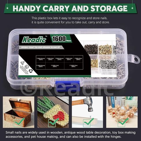 Keadic 1600Pcs Small Tiny Nails Assortment Set with Storage Case, 1x6mm, 1x8mm 1x10mm Mini Finish Nails for Wooden DIY Decorative Pictures Boxes (Gold/Silver/Bronze) in Saudi Arabia