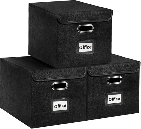 TIANSE Portable Linen Storage Box with Lids (3 Pack, Black), Art Deco Style, Foldable Decorative Organizer for Letters, Legal Documents, Office Supplies, Home Use in Saudi Arabia