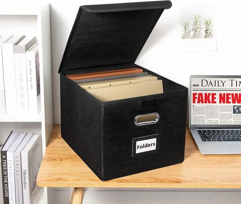 TIANSE Portable Linen Storage Box with Lids (3 Pack, Black), Art Deco Style, Foldable Decorative Organizer for Letters, Legal Documents, Office Supplies, Home Use in Saudi Arabia