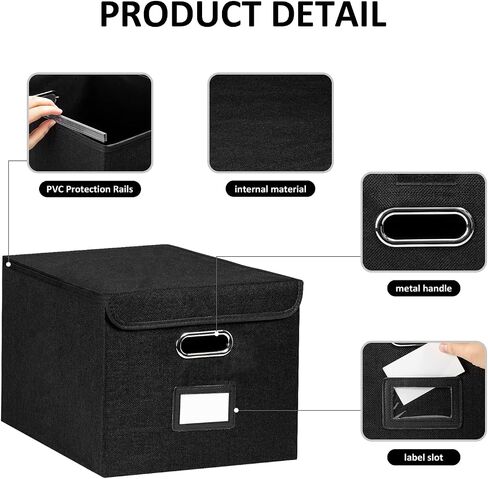 TIANSE Portable Linen Storage Box with Lids (3 Pack, Black), Art Deco Style, Foldable Decorative Organizer for Letters, Legal Documents, Office Supplies, Home Use in Saudi Arabia