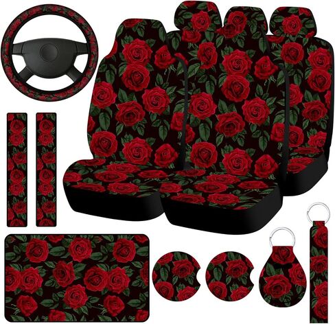 Fabbay 15 Pcs Red Rose Car Seat Covers Full Set Red Rose Steering Wheel Cover Auto Front Seats and Back Bench Protector Cover with Seat Belt Cover, Armrest Cover and Cupholder Pad for Car SUV Truck in Saudi Arabia