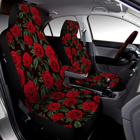 Fabbay 15 Pcs Red Rose Car Seat Covers Full Set Red Rose Steering Wheel Cover Auto Front Seats and Back Bench Protector Cover with Seat Belt Cover, Armrest Cover and Cupholder Pad for Car SUV Truck in Saudi Arabia