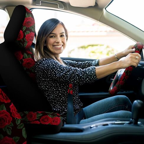 Fabbay 15 Pcs Red Rose Car Seat Covers Full Set Red Rose Steering Wheel Cover Auto Front Seats and Back Bench Protector Cover with Seat Belt Cover, Armrest Cover and Cupholder Pad for Car SUV Truck in Saudi Arabia