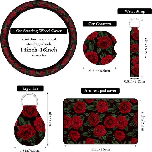 Fabbay 15 Pcs Red Rose Car Seat Covers Full Set Red Rose Steering Wheel Cover Auto Front Seats and Back Bench Protector Cover with Seat Belt Cover, Armrest Cover and Cupholder Pad for Car SUV Truck in Saudi Arabia