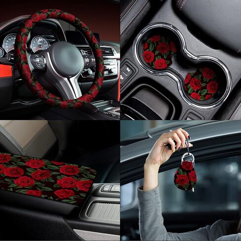 Fabbay 15 Pcs Red Rose Car Seat Covers Full Set Red Rose Steering Wheel Cover Auto Front Seats and Back Bench Protector Cover with Seat Belt Cover, Armrest Cover and Cupholder Pad for Car SUV Truck in Saudi Arabia