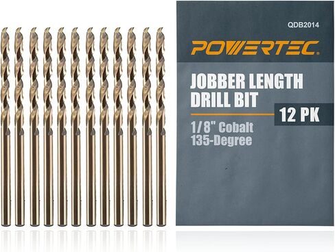 POWERTEC 1/8 بوصة لقم الثقب الكوبالت، 12 PK M35 HSS طول الكوبالت لقم الثقب الملتوي مع طرف 135 درجة، لقم الثقب لحفر الخشب والمعادن والفولاذ المقاوم للصدأ وسبائك النيكل والحديد الزهر والبلاستيك (QDB2014) in Kuwait