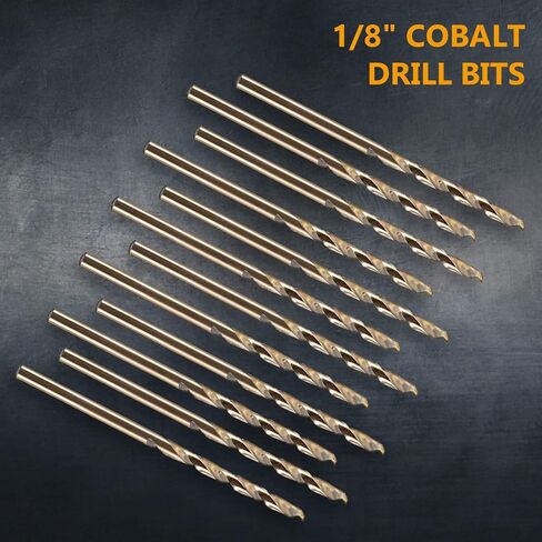 POWERTEC 1/8 بوصة لقم الثقب الكوبالت، 12 PK M35 HSS طول الكوبالت لقم الثقب الملتوي مع طرف 135 درجة، لقم الثقب لحفر الخشب والمعادن والفولاذ المقاوم للصدأ وسبائك النيكل والحديد الزهر والبلاستيك (QDB2014) in Kuwait