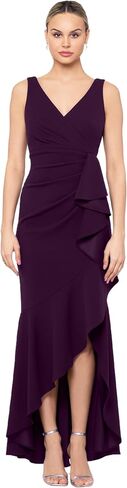 Betsy & Adam Women's Long V-Neck Dress with Cascade Detail-Hi-lo Hemline in Stretchable Polyester Blend in Saudi Arabia