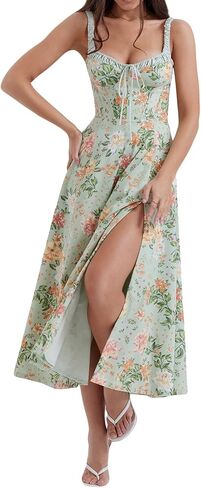 Women Y2k Square Neck Long Dress Low Cut Sleeveless Midi Dress Bustier Lace Trim Spaghetti Strap Going Out Swing Sundress in Saudi Arabia