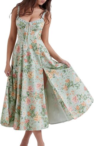 Women Y2k Square Neck Long Dress Low Cut Sleeveless Midi Dress Bustier Lace Trim Spaghetti Strap Going Out Swing Sundress in Saudi Arabia