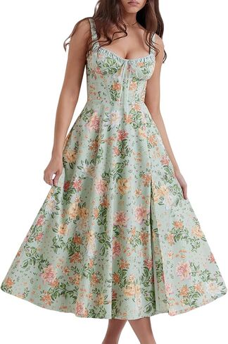 Women Y2k Square Neck Long Dress Low Cut Sleeveless Midi Dress Bustier Lace Trim Spaghetti Strap Going Out Swing Sundress in Saudi Arabia