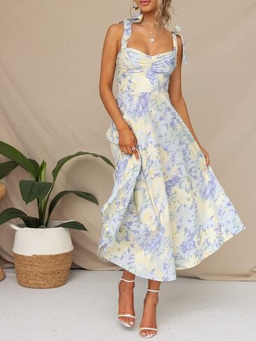 Women Y2k Square Neck Long Dress Low Cut Sleeveless Midi Dress Bustier Lace Trim Spaghetti Strap Going Out Swing Sundress in Saudi Arabia